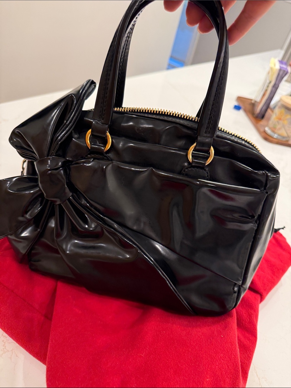 Valentino Garavani Black Patent Satchel with Bow Accent